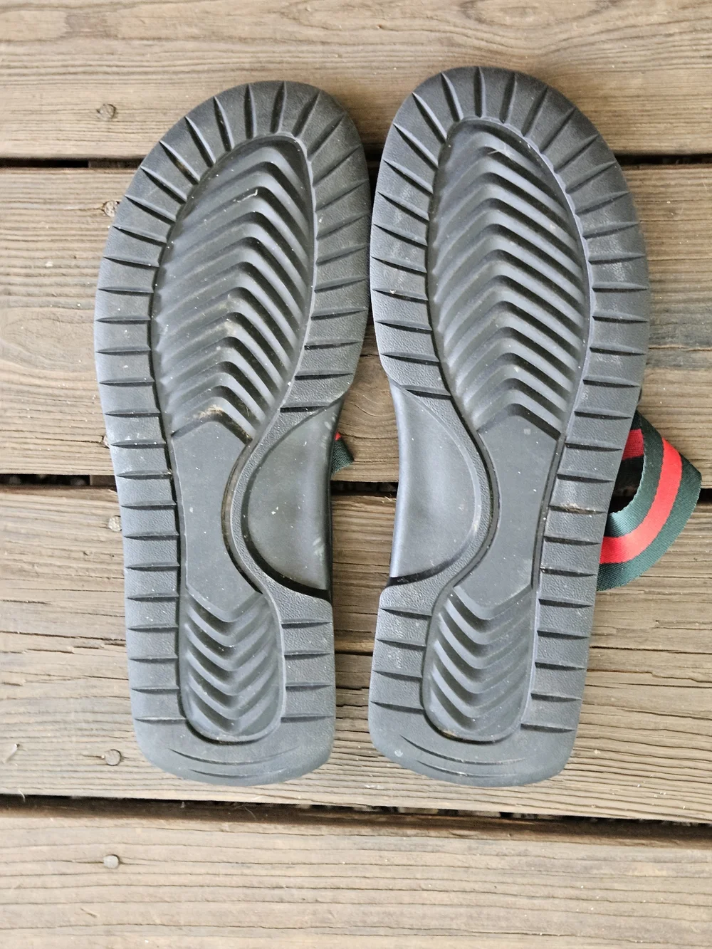 Luxury Men's Black Slide Sandals with Red & Green Striped Webbing Size 11